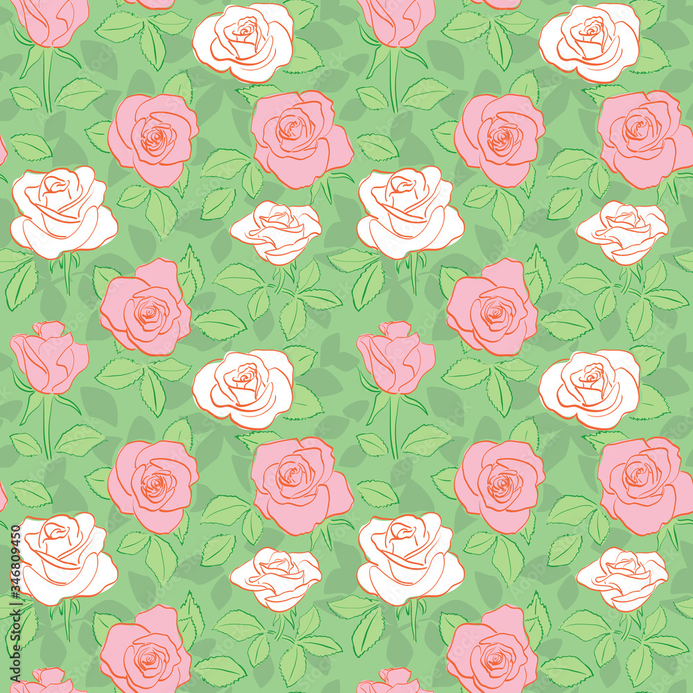 green seamless pattern - vector bright background with white and red of roses green seamless pattern - vector bright background with white and red of roses