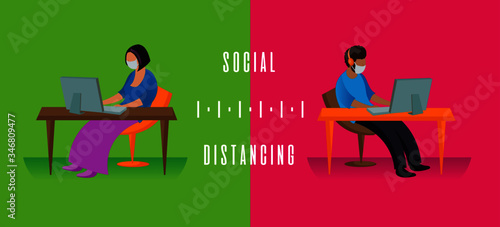 Man and woman practicing soocial distancing in the workplace to defeat Covid-19