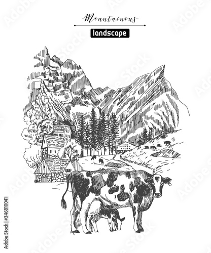  Idyllic mountain landscapes in sprintime with cows. Watercolor and sketch vector illustration