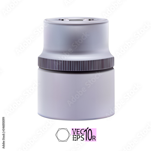 Realistic metal hexagonal socket, isolated on a white background. Cylindrical head for ratchet wrench, spanner. Shiny macro chrome side view. Vector illustration.
