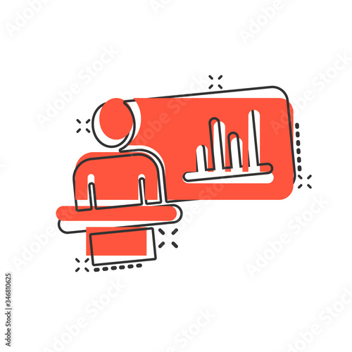 People on podium icon in comic style. Speaker cartoon vector illustration on white isolated background. Audience orator splash effect business concept.
