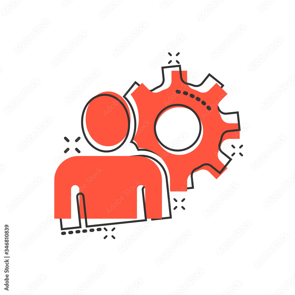 People with gear icon in comic style. Person cogwheel cartoon vector illustration on white isolated background. Teamwork splash effect business concept. People with gear icon in comic style. Person cogwheel cartoon vector illustration on white isolated background. Teamwork splash effect business concept.