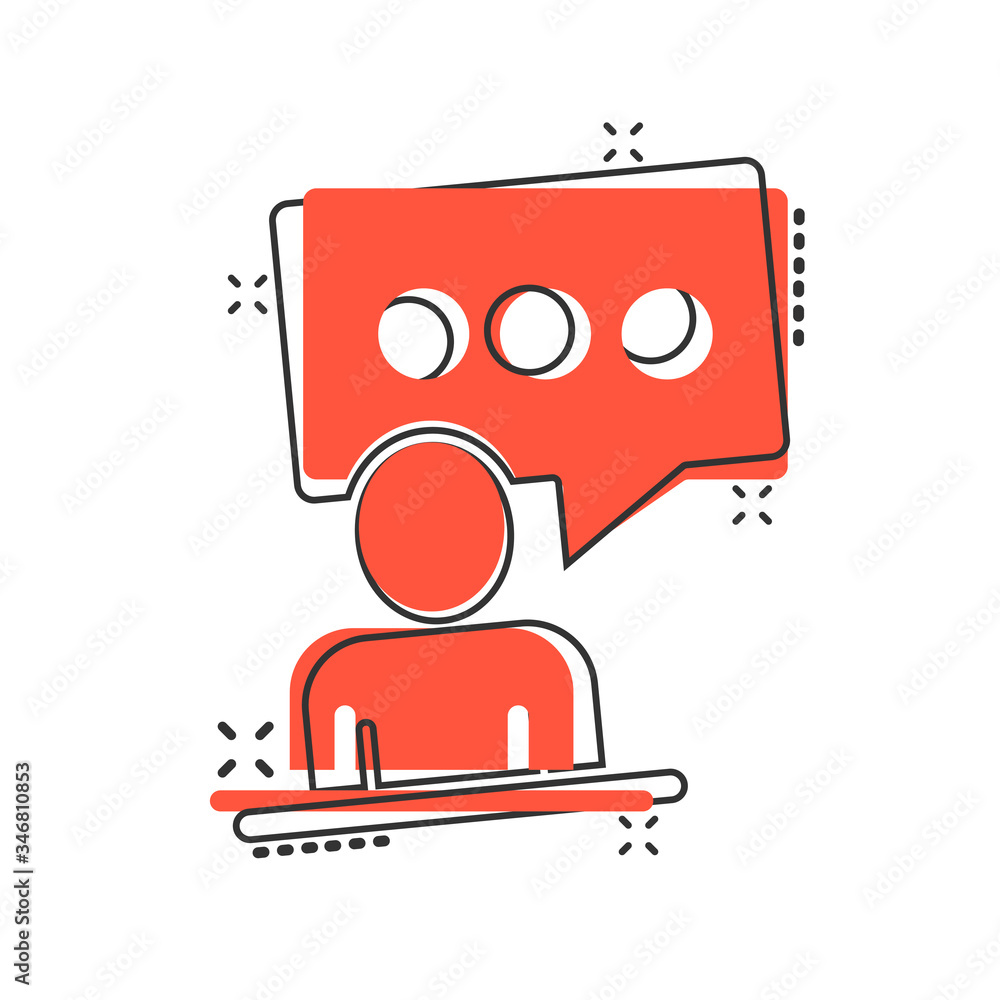 People with speech bubble icon in comic style. Chat cartoon vector illustration on white isolated background. Speaker dialog splash effect business concept.