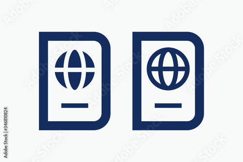 World passport with line vector minimalistic icon. Legal tourism pay vector symbol. Document cover icons set for web design. Travel concept flat icons for app design. Id emigration sign