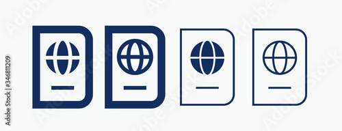 World passport with line vector minimalistic icon. Legal tourism pay vector symbol. Document cover icons set for web design. Travel concept flat icons for app design. Id emigration sign