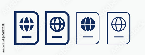 World passport with line vector minimalistic icon. Legal tourism pay vector symbol. Document cover icons set for web design. Travel concept flat icons for app design. Id emigration sign