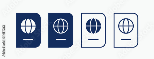 World passport with line vector minimalistic icon. Legal tourism pay vector symbol. Document cover icons set for web design. Travel concept flat icons for app design. Id emigration sign