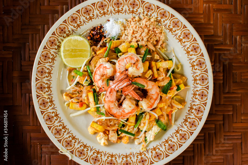 Thai Stir-fried rice noodles (Pad Thai) with shrimp and vegetables. One of the most famous food in Thailand. Thailand traditional dish.