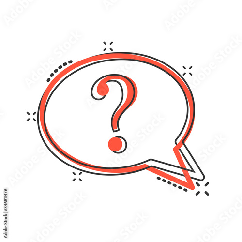 Question mark icon in comic style. Discussion speech bubble cartoon vector illustration on white isolated background. Faq splash effect business concept.