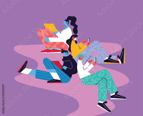 poster of people with smartphone and laptop, social media