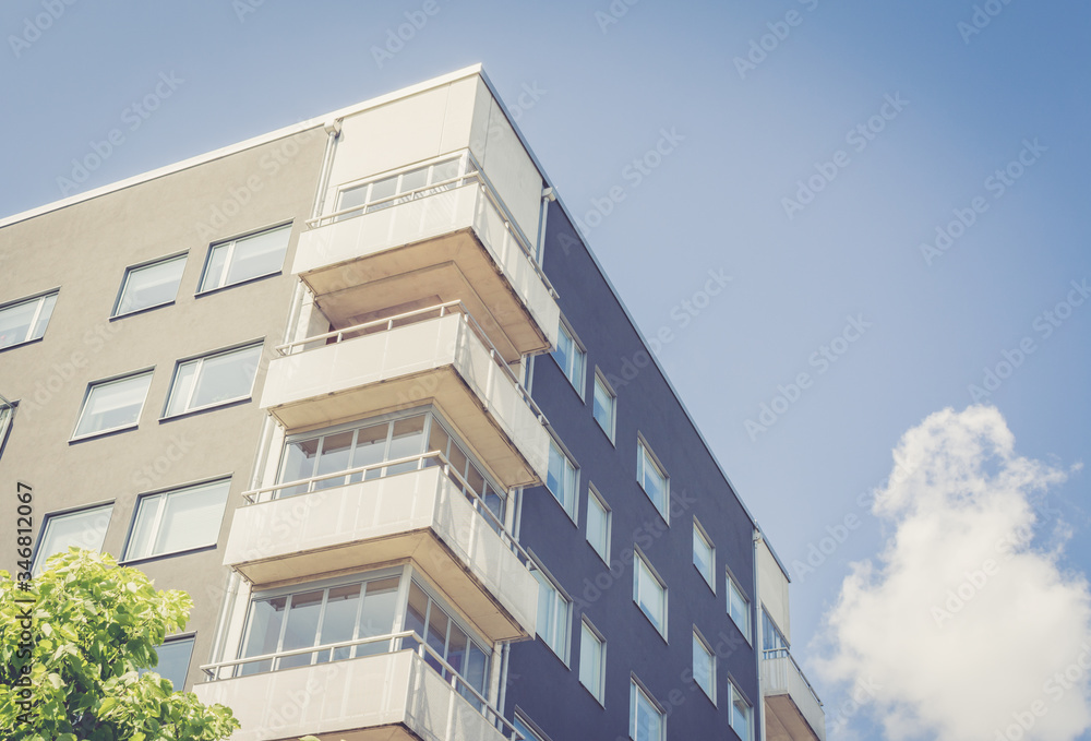 Modern Luxury Scandinavia Apartment Building Blue Sky Facade Home Residential Structure. Vintage style