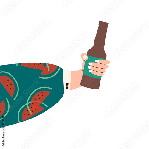 Female hand holding glass of beer. Woman's hans in bright clothes with memphis pattern holding glass. Alcohol drink. Concept of beer lover. Side view. Flat vector illustration