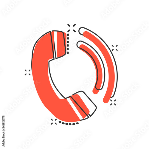 Phone icon in comic style. Telephone call cartoon vector illustration on white isolated background. Mobile hotline splash effect business concept.