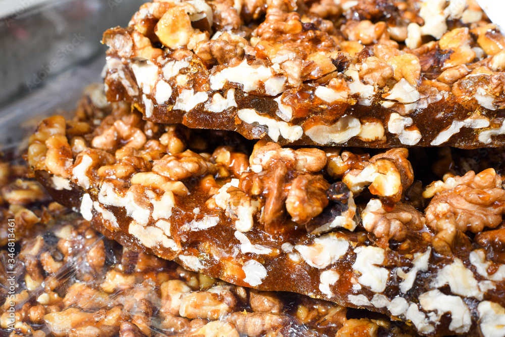 Granola bar in a bowl for sale. Healthy sweet dessert snack. Cereal granola bar with nuts Granola bar in a bowl for sale. Healthy sweet dessert snack. Cereal granola bar with nuts