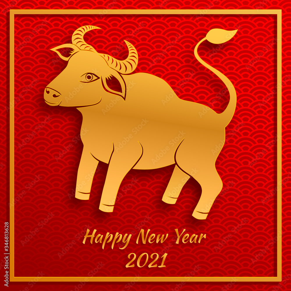 Fototapeta premium Chinese new year 2021 year of the ox , red and gold paper cut ox character in craft style on traditional background.