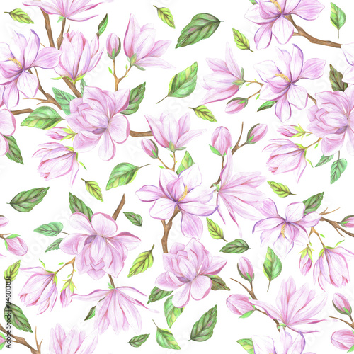 Seamless pattern with pink magnolia flowers and green leaves