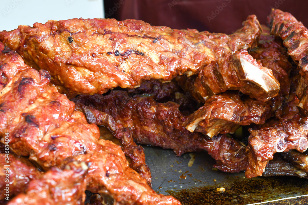 Grilled and barbecued ribs pork. Tasty traditional american meat. beef and pork ribs cooked