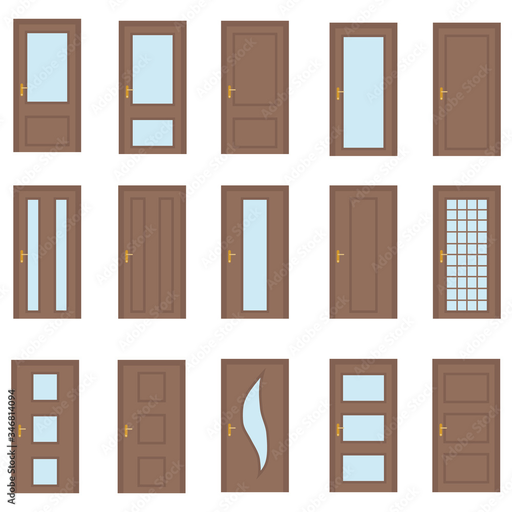 Door, set of entrance brown doors with glass isolated on a white background. Vector, cartoon illustration. Door, set of entrance brown doors with glass isolated on a white background. Vector, cartoon illustration.