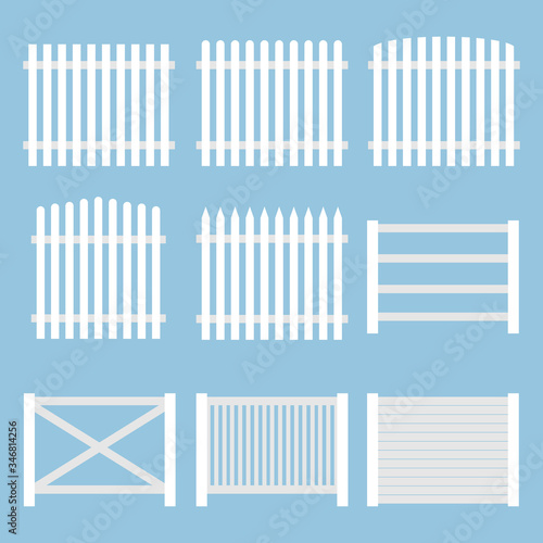 Fence. White vintage fence isolated on a blue background. Vector, cartoon illustration.