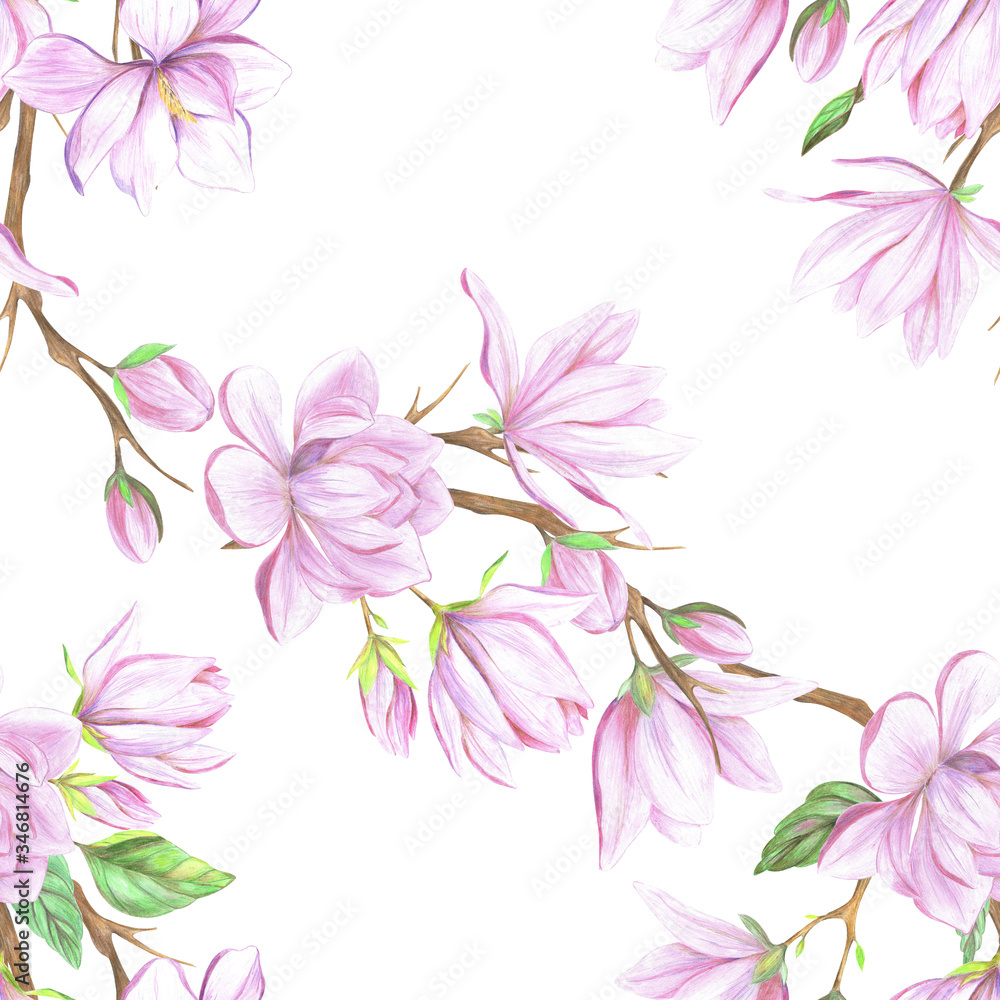 Seamless pattern with pink magnolia flowers and leaves.
