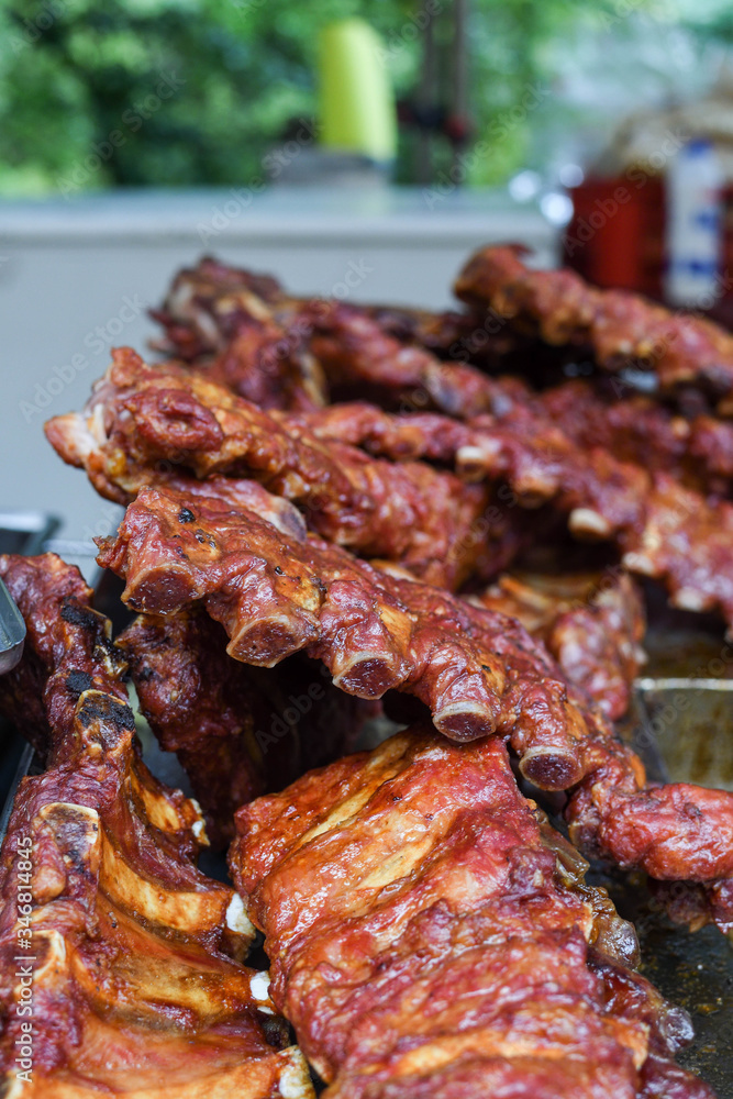 Grilled and barbecued ribs pork. Tasty traditional american meat. beef and pork ribs cooked