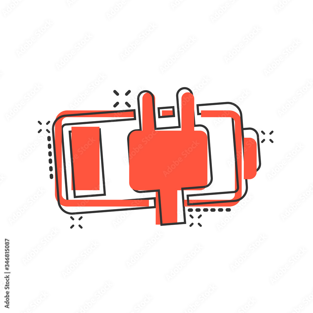 Obraz premium Battery charge icon in comic style. Power level cartoon vector illustration on white isolated background. Lithium accumulator splash effect business concept.