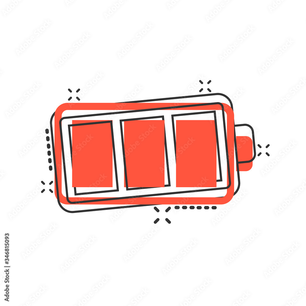 Battery charge icon in comic style. Power level cartoon vector illustration on white isolated background. Lithium accumulator splash effect business concept. Battery charge icon in comic style. Power level cartoon vector illustration on white isolated background. Lithium accumulator splash effect business concept.