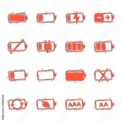 Battery charge icon set in comic style. Power level cartoon vector illustration on white isolated background. Lithium accumulator splash effect business concept.