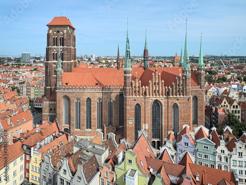 Gdansk, Poland. St. Mary's Church (Basilica of Assumption of Blessed Virgin Mary), one of the largest brick churches in the world. View from tower of Main Town Hall. The church was built in 1346-1502.