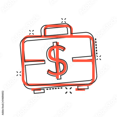 Money briefcase icon in comic style. Cash box cartoon vector illustration on white isolated background. Finance splash effect business concept.