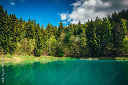Banska Stiavnica, Slovakia. Spring lake in blue, turquoise and green colors