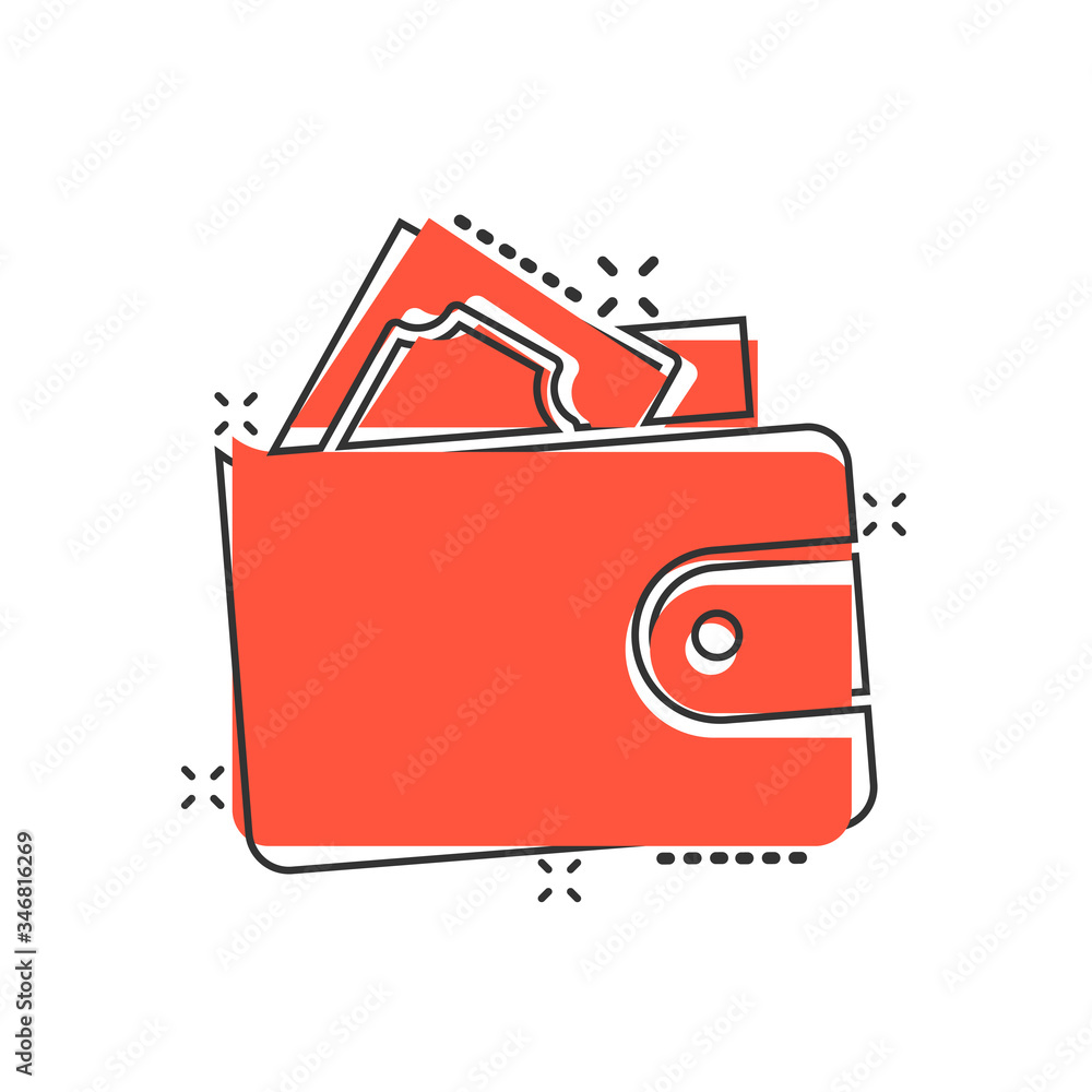 Wallet icon in comic style. Purse cartoon vector illustration on white isolated background. Finance bag splash effect business concept. Wallet icon in comic style. Purse cartoon vector illustration on white isolated background. Finance bag splash effect business concept.