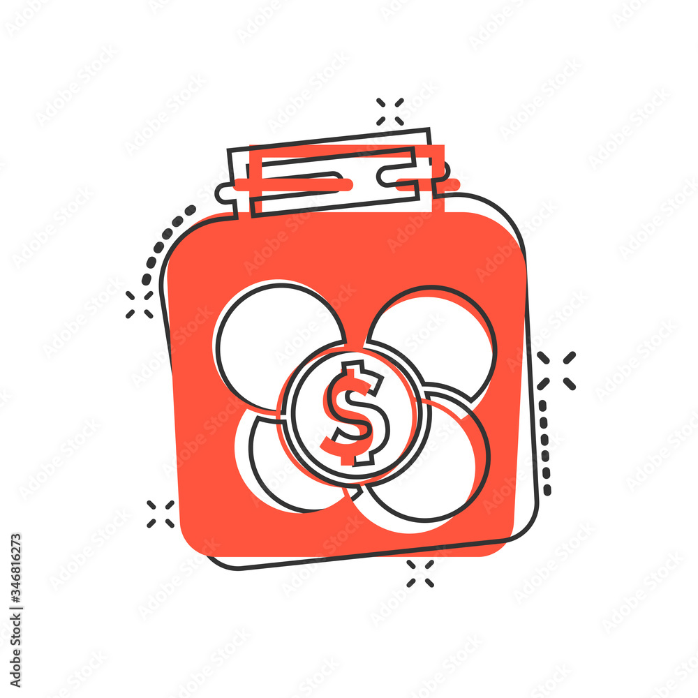 Money box icon in comic style. Coin jar container cartoon vector illustration on white isolated background. Donation moneybox splash effect business concept. Money box icon in comic style. Coin jar container cartoon vector illustration on white isolated background. Donation moneybox splash effect business concept.