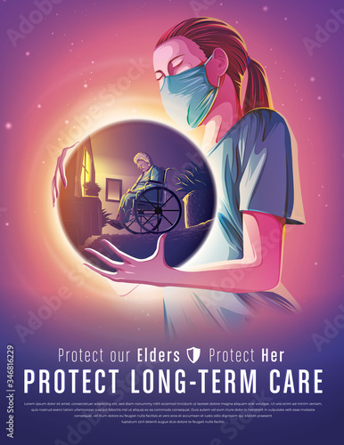 Vector illustration of medical health care nurse concept providing long term care and wellness to elderly vulnerable and disabled people  
