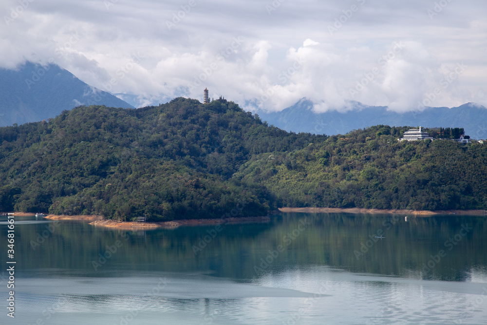 Beautiful Sun moon lake with mountain view and reflection of mountain on the water. Taiwan