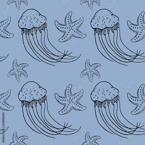 Jellyfish on grey backdrop. Coral reef starfish seamless pattern for wallpaper, wrap paper, sleeper, bath tile, apparel or bed linen. Phone case or cloth print. Doodle style stock vector illustration