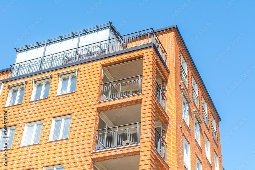 Modern Luxury Scandinavia Apartment Building wiith Blue Sky in Home Residential Area
