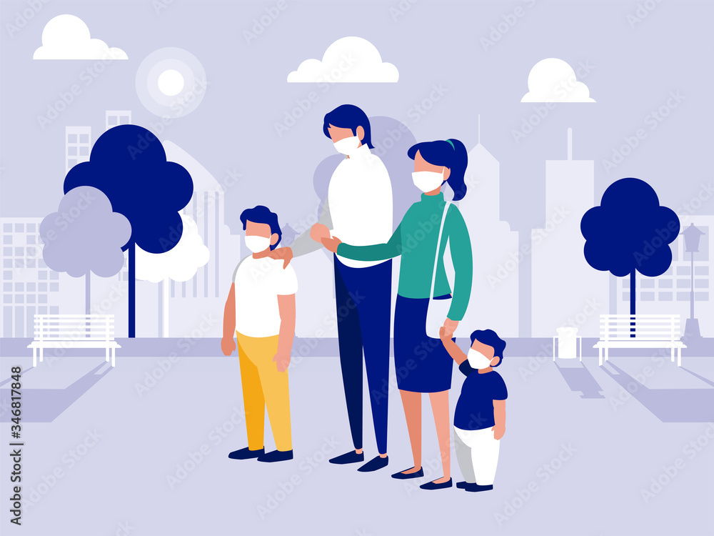 Family with masks at park in front of city vector design Family with masks at park in front of city vector design