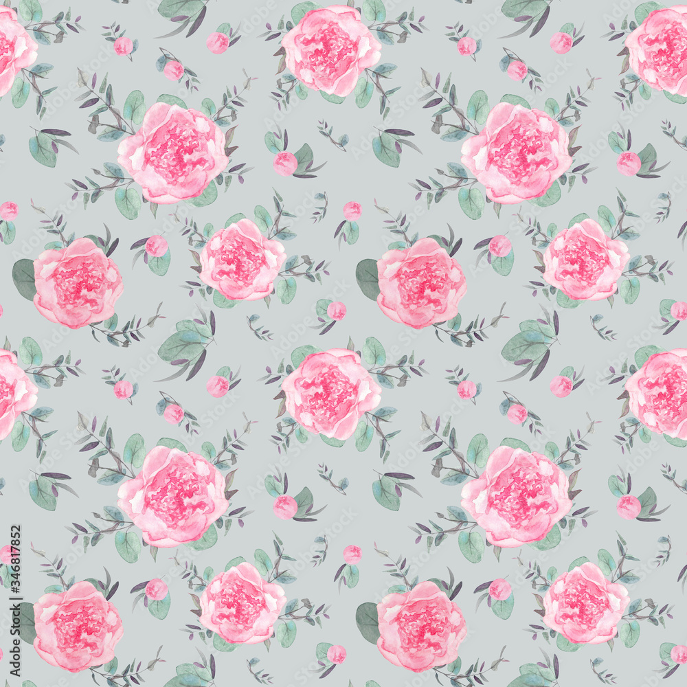 Peonies and eucalyptus seamless pattern. Hand-drawn watercolor realistic botanical ornament, isolated floral collection. Design for wallpaper, fabric, textile, packaging, print, paper, wedding design