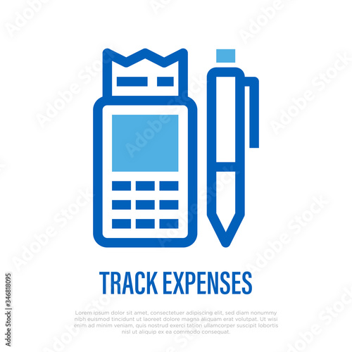 Track expenses: pen with calculator. Control the budget. Financial success. Thin line icon. Vector illustration.