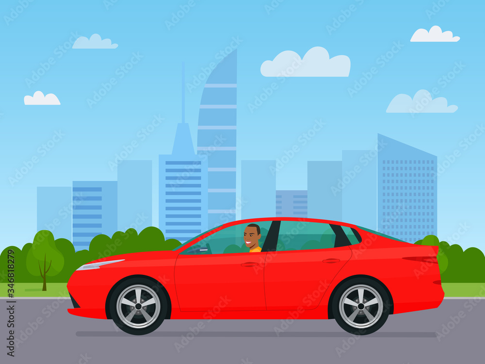 Sedan car with a afro american man driving on a background of abstract cityscape. Vector flat style illustration.