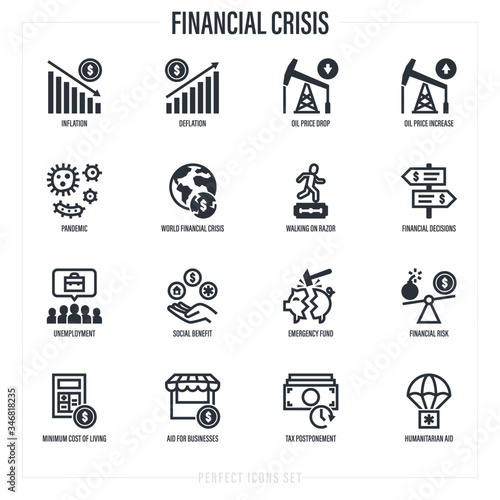 Financial crisis after pandemic.  Dollar inflation, deflation, oil price, walking on razor, emergency funds, unemployment, social benefit, humanitarian aid. Thin line icons set. Vector illustration.