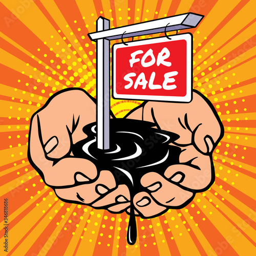 Oil production. Oil in the hands of a man with a sign for sale. Falling oil and gas prices. Stock market crisis due to coronavirus epidemic. Ecology, land resources.