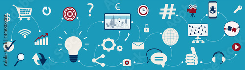 Web banner sharing social media communication technology. Signs and symbols Social network and marketing. Friends community concept. Connection and exchange ideas or data. Communicate news