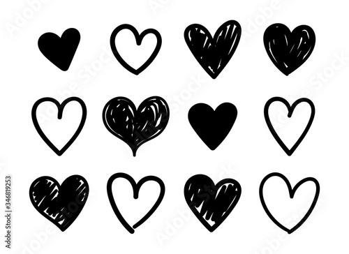 Vector set of hand drawn hearts on a white background.