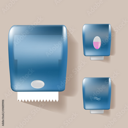 Wall hand dryer, dispensers with soap and paper towel. 
