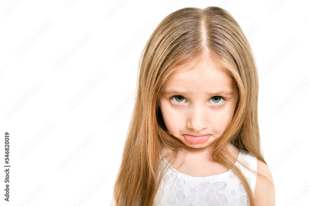 Portrait of a cute funny sad girl isolated on white background Portrait of a cute funny sad girl isolated on white background