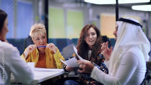 Arab businessman meeting room. Businessmen communication. Business partnership. Corporate communication. Modern communication technology. Female business. Young women. Business presentation.