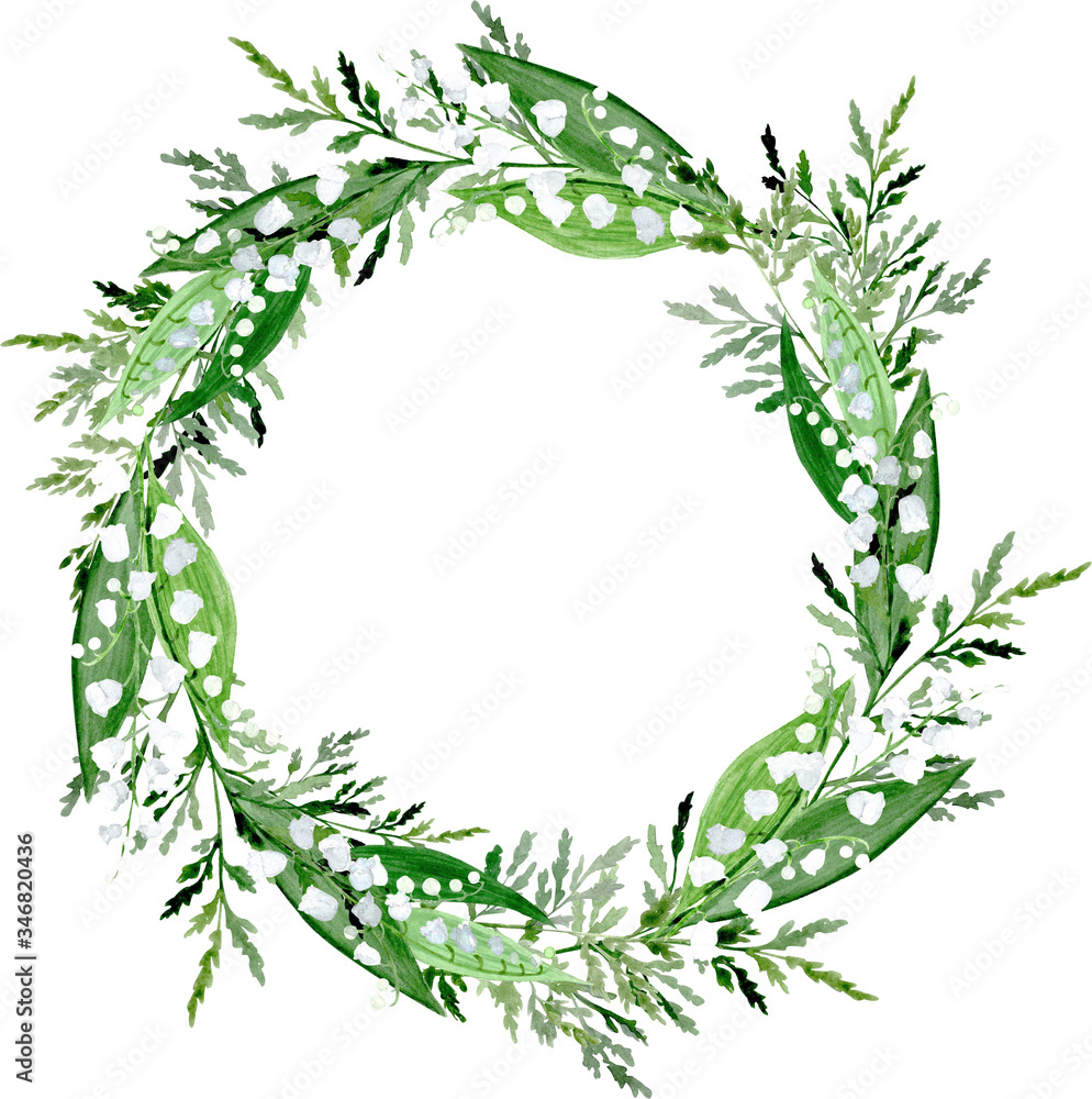 Naklejka premium Watercolor wreath with white lily of the valley flowers and green leaves