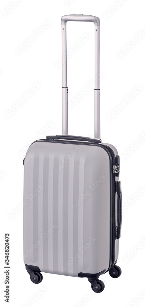 Suitcase trolley with grey hard shell isolated on white Suitcase trolley with grey hard shell isolated on white